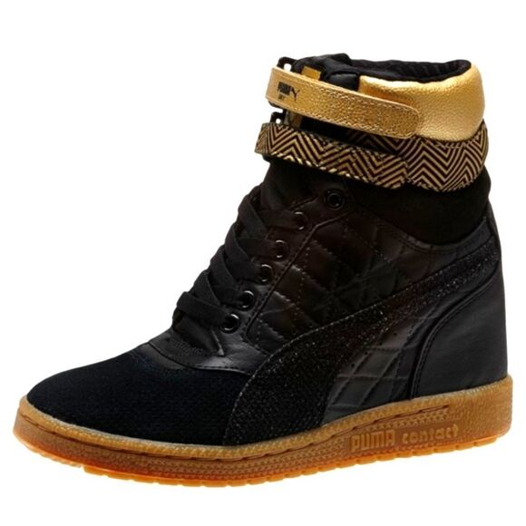 Puma Sky Wedge Black Gold Glitter Sneakers Sz 8.5 - Picture 1 of 9